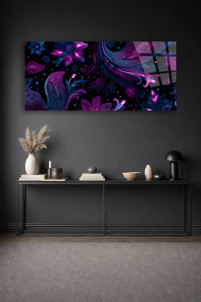 KIRILMAZ CAM DUVAR SAATİ , HEM TABLO HEM SAAT MOR ŞAL DESEN ORYANTAL SANAT EV OFİS HEDİYESİ