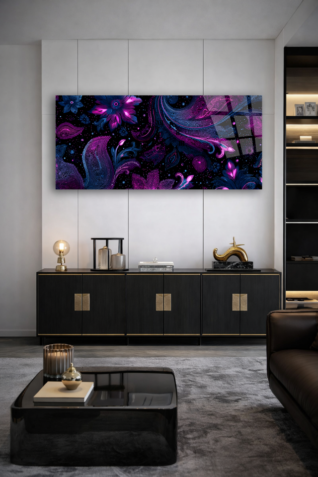 KIRILMAZ CAM DUVAR SAATİ , HEM TABLO HEM SAAT MOR ŞAL DESEN ORYANTAL SANAT EV OFİS HEDİYESİ