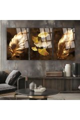 3 LÜ BOHEM ODA TABLOSU ALTIN YAPRAKLAR KIRILMAZ CAM TABLO LÜKS TABLO EV HEDİYESİ