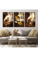 3 LÜ BOHEM ODA TABLOSU ALTIN YAPRAKLAR KIRILMAZ CAM TABLO LÜKS TABLO EV HEDİYESİ