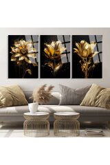 3 LÜ LÜKS ODA TABLOSU ALTIN ÇİÇEKLER KIRILMAZ CAM TABLO LÜKS TABLO EV HEDİYESİ