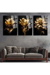 3 LÜ LÜKS ODA TABLOSU ALTIN ÇİÇEKLER KIRILMAZ CAM TABLO LÜKS TABLO EV HEDİYESİ