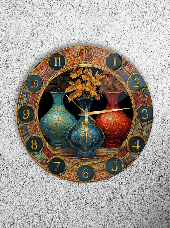 KIRILMAZ CAM DUVAR SAATİ, HEM TABLO HEM SAAT OSMANLI ÇİNİ VAZO ÇİÇEK DESENLİ KLASİK TASARIM EV OFİS HEDİYESİ