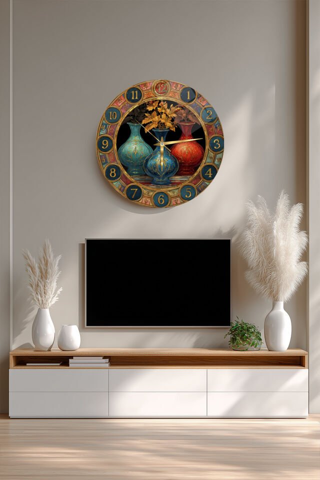 KIRILMAZ CAM DUVAR SAATİ, HEM TABLO HEM SAAT OSMANLI ÇİNİ VAZO ÇİÇEK DESENLİ KLASİK TASARIM EV OFİS HEDİYESİ