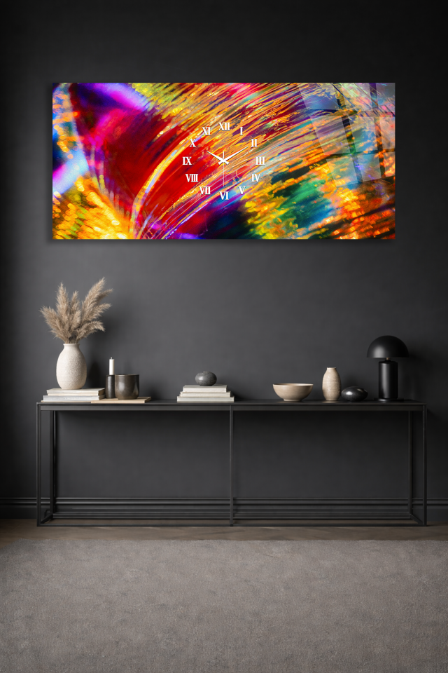 KIRILMAZ CAM DUVAR SAATİ , HEM TABLO HEM SAAT SOYUT RENKLİ SANAT MODERN TASARIM EV OFİS HEDİYESİ