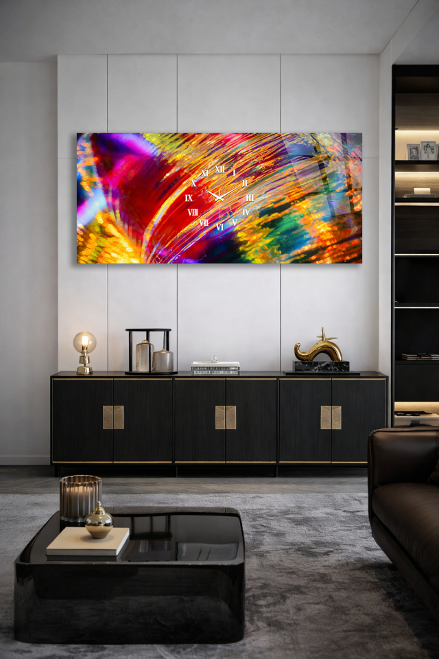 KIRILMAZ CAM DUVAR SAATİ , HEM TABLO HEM SAAT SOYUT RENKLİ SANAT MODERN TASARIM EV OFİS HEDİYESİ