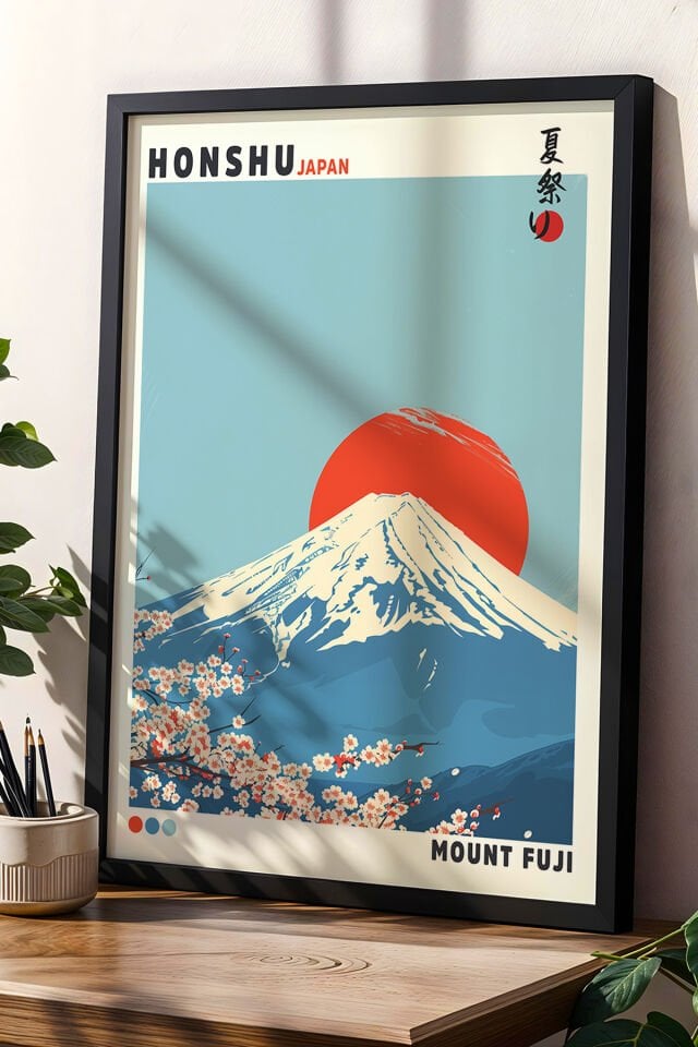 SİYAH - Honshu Adası Fuji Dağı Nisshoki Japon Vintage Doğal Ahşap Çerçeveli Tablo