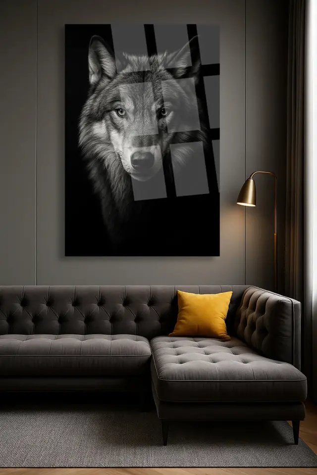 SİYAH ASİL KURT TASARIMI ULRTA CANLI RENKLER KIRILMAZ LÜKS MODERN CAM TABLO EV HEDİYESİ Siyah