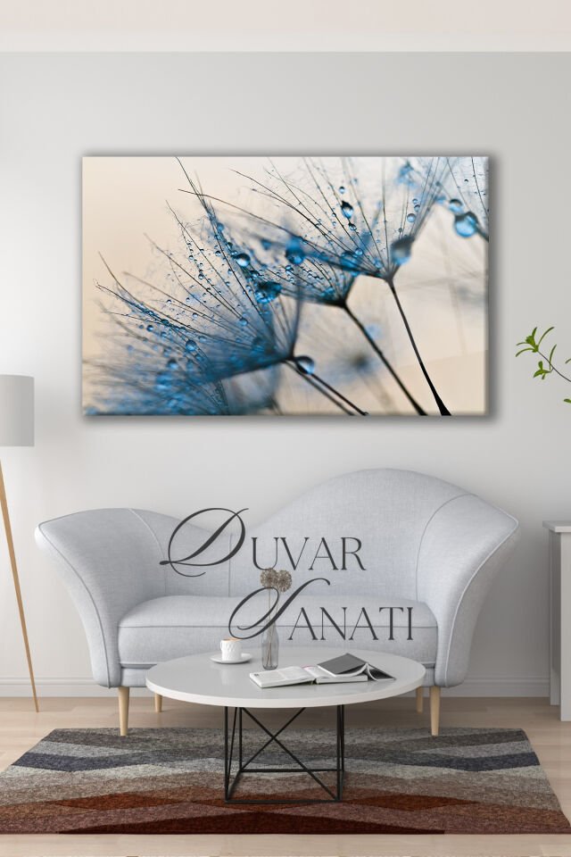 Mavi Karahindiba Yatay Cam Tablo, Modern Ev Salon Ofis Dekorasyonu Hediyelik Büyük Duvar Dekoru Mavi
