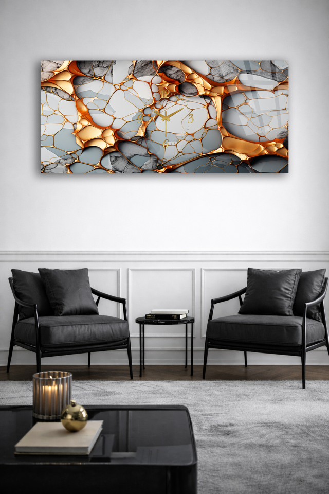 KIRILMAZ CAM DUVAR SAATİ , HEM TABLO HEM SAAT ALTIN MOZAIK MERMER DOKU EV OFİS HEDİYESİ