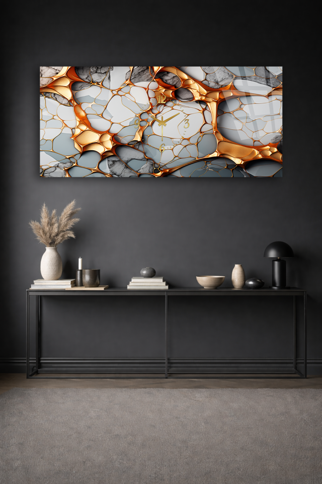 KIRILMAZ CAM DUVAR SAATİ , HEM TABLO HEM SAAT ALTIN MOZAIK MERMER DOKU EV OFİS HEDİYESİ