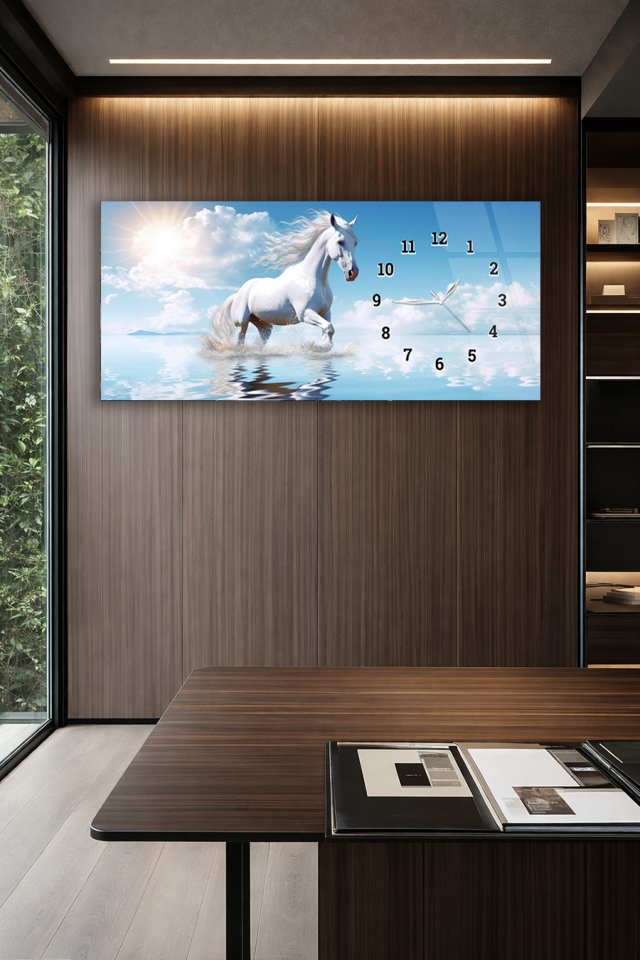 KIRILMAZ CAM DUVAR SAATİ , HEM TABLO HEM SAAT BEYAZ AT DOĞA TEMALI EV OFİS HEDİYESİ