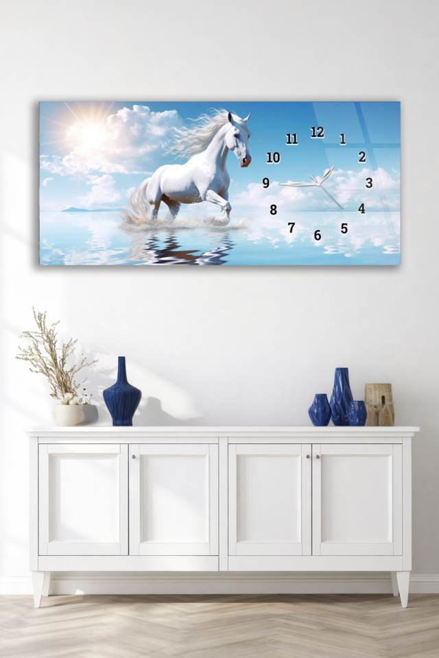 KIRILMAZ CAM DUVAR SAATİ , HEM TABLO HEM SAAT BEYAZ AT DOĞA TEMALI EV OFİS HEDİYESİ