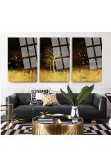 3 LÜ SON BAHAR TEMALI ALTIN AĞAÇ KIRILMAZ CAM TABLO LÜKS TABLO EV HEDİYESİ