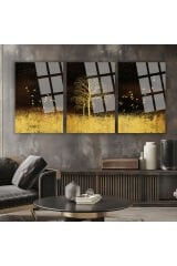 3 LÜ SON BAHAR TEMALI ALTIN AĞAÇ KIRILMAZ CAM TABLO LÜKS TABLO EV HEDİYESİ