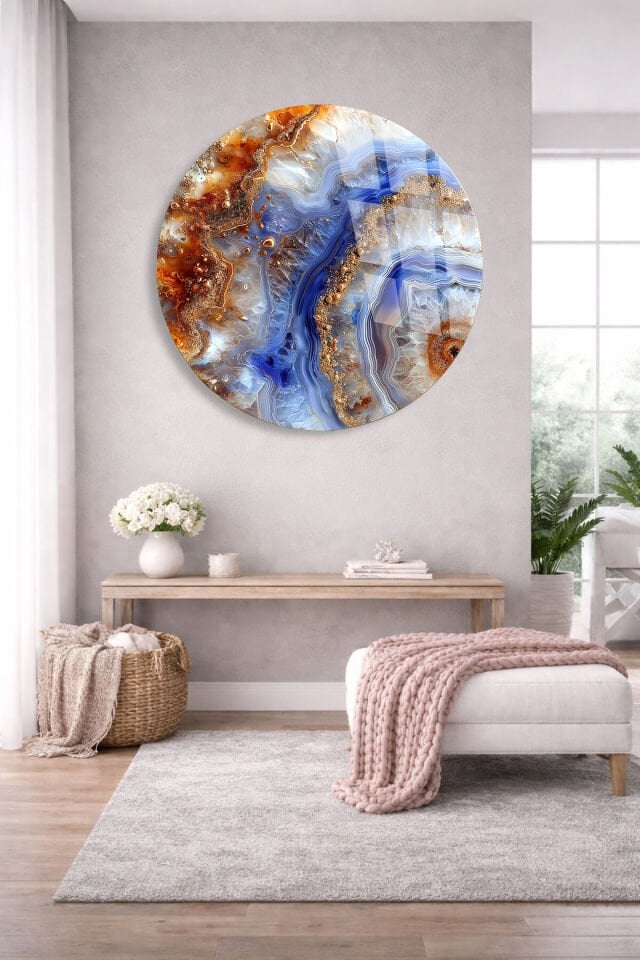 KIRILMAZ CAM DUVAR TABLOSU – MAVİ AKİK TAŞI MERMER DESEN LÜKS SOYUT TASARIM