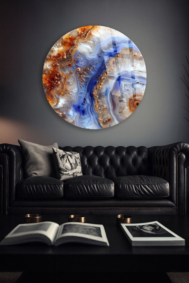 KIRILMAZ CAM DUVAR TABLOSU – MAVİ AKİK TAŞI MERMER DESEN LÜKS SOYUT TASARIM