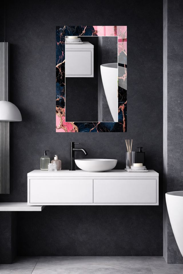 HEM TABLO HEM AYNA SİYAH PEMBE MERMER SOYUT CAM DUVAR AYNASI EV DEKORU