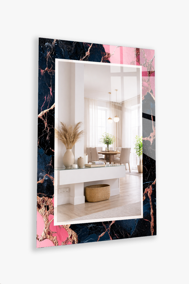 HEM TABLO HEM AYNA SİYAH PEMBE MERMER SOYUT CAM DUVAR AYNASI EV DEKORU