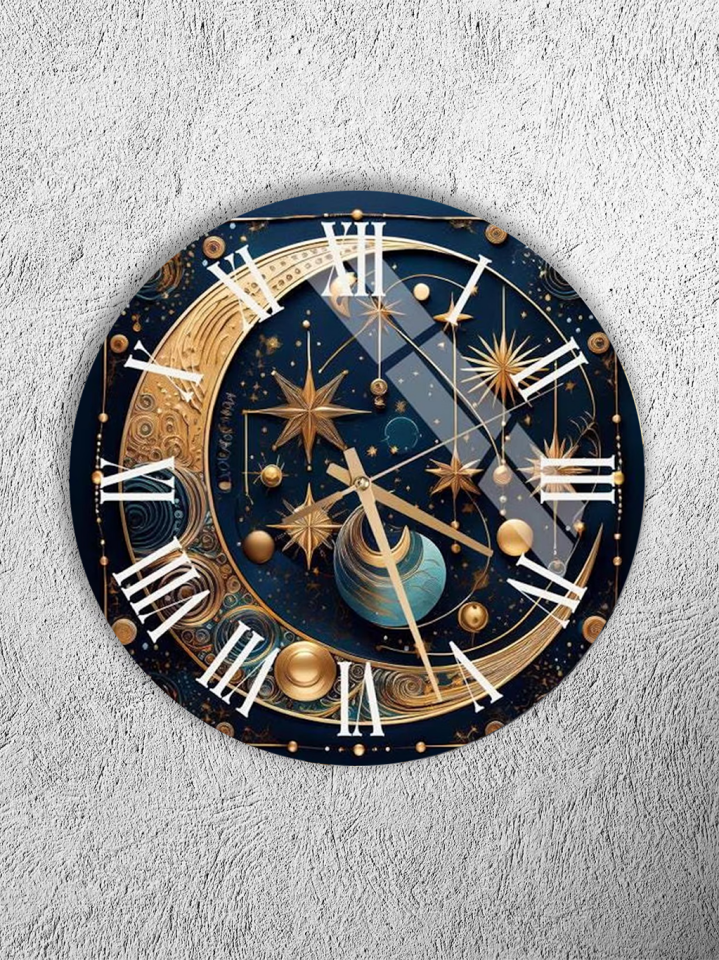 KIRILMAZ CAM DUVAR SAATİ , HEM TABLO HEM SAAT ALTIN YILDIZLI KOZMİK GECE TASARIMI MODERN LÜKS DEKOR EV OFİS HEDİYESİ