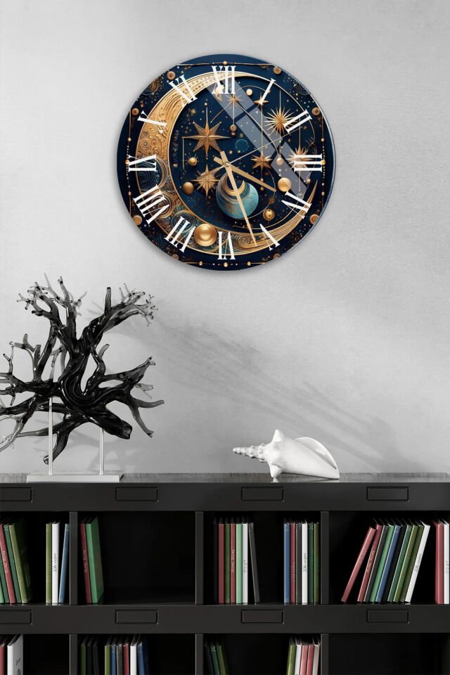 KIRILMAZ CAM DUVAR SAATİ , HEM TABLO HEM SAAT ALTIN YILDIZLI KOZMİK GECE TASARIMI MODERN LÜKS DEKOR EV OFİS HEDİYESİ