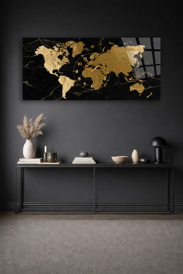 KIRILMAZ CAM DUVAR SAATİ , HEM TABLO HEM SAAT ALTIN DÜNYA HARİTASI SİYAH ZEMİN EV OFİS HEDİYESİ