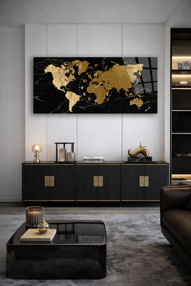 KIRILMAZ CAM DUVAR SAATİ , HEM TABLO HEM SAAT ALTIN DÜNYA HARİTASI SİYAH ZEMİN EV OFİS HEDİYESİ