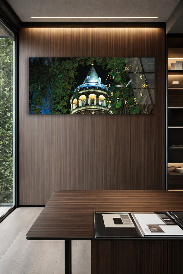 KIRILMAZ CAM DUVAR SAATİ , HEM TABLO HEM SAAT GALATA KULESİ GECE MANZARASI EV OFİS HEDİYESİ