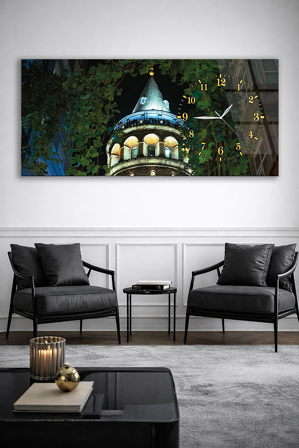 KIRILMAZ CAM DUVAR SAATİ , HEM TABLO HEM SAAT GALATA KULESİ GECE MANZARASI EV OFİS HEDİYESİ