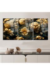 3 LÜ IŞILDAYAN ALTIN SAÇAN ÇİÇEKLER PARÇALI SET TABLO KIRILMAZ LÜKS CAM TABLO EV HEDİYESİ