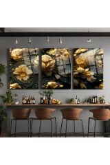 3 LÜ IŞILDAYAN ALTIN SAÇAN ÇİÇEKLER PARÇALI SET TABLO KIRILMAZ LÜKS CAM TABLO EV HEDİYESİ