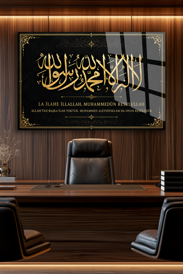 KELİME-İ ŞEHADET YAZILI SİYAH ALTIN DEKORATİF CAM TABLO EV OFİS HEDİYESİ