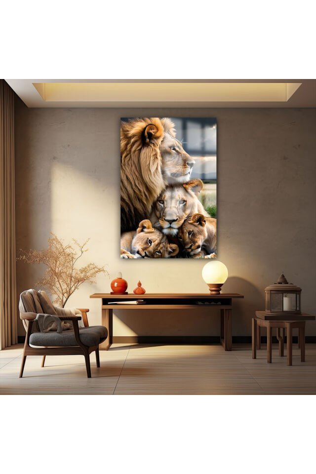 İKİ ÇOCUKLU DÖRT KİŞİLİK ASLAN AİLESİ TABLOSU EV HEDİYESİ KIRILMAZ LÜKS MODERN CAM TABLO