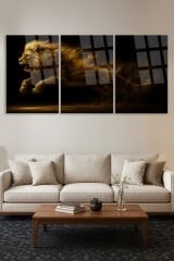 3 LÜ IŞILDAYAN ALTIN SAÇAN ASLAN TABLOSU PARÇALI SET TABLO KIRILMAZ LÜKS CAM TABLO EV HEDİYESİ