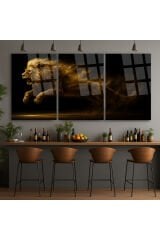 3 LÜ IŞILDAYAN ALTIN SAÇAN ASLAN TABLOSU PARÇALI SET TABLO KIRILMAZ LÜKS CAM TABLO EV HEDİYESİ