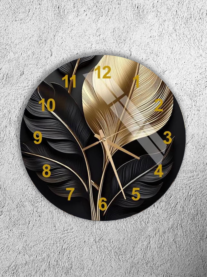 KIRILMAZ CAM DUVAR SAATİ , HEM TABLO HEM SAAT SİYAH ZEMİN ALTIN YAPRAK DESENLİ ŞIK TASARIM EV OFİS HEDİYESİ