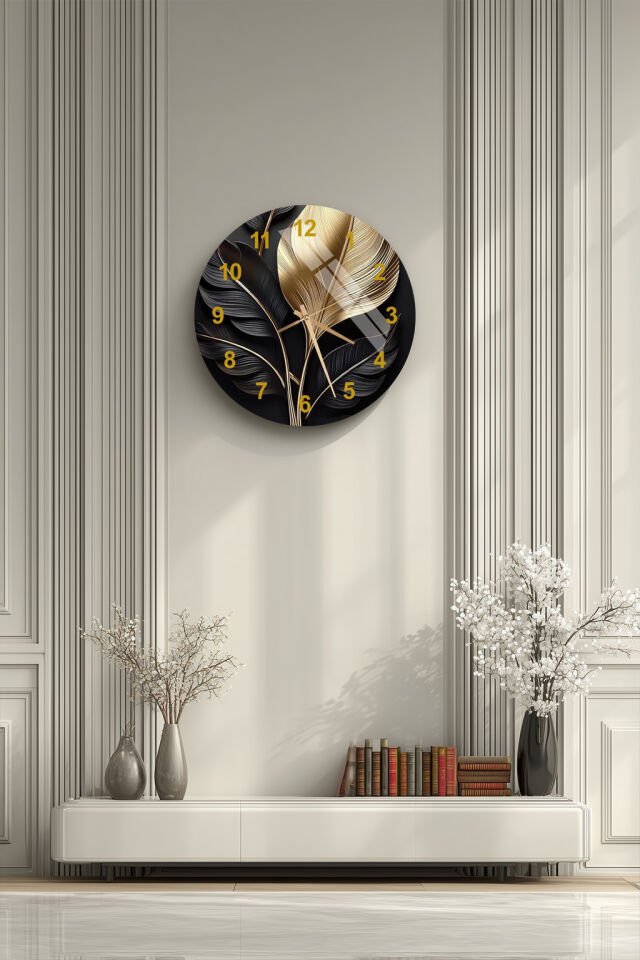 KIRILMAZ CAM DUVAR SAATİ , HEM TABLO HEM SAAT SİYAH ZEMİN ALTIN YAPRAK DESENLİ ŞIK TASARIM EV OFİS HEDİYESİ