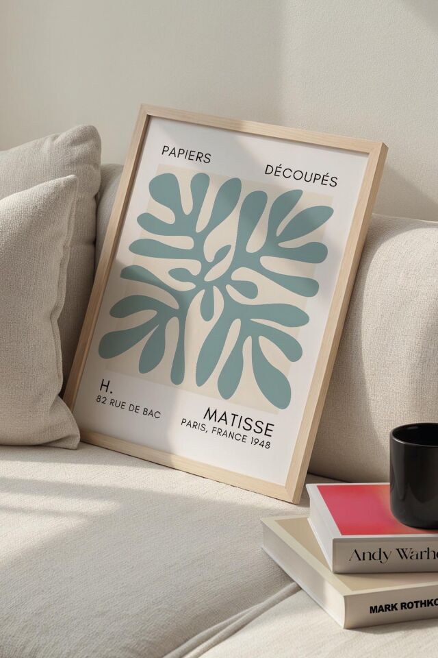 DOĞAL AHŞAP - Botanik Serisi Mint Yeşili Çiçekli Matisse Doğal Ahşap Çerçeveli Duvar Tablosu