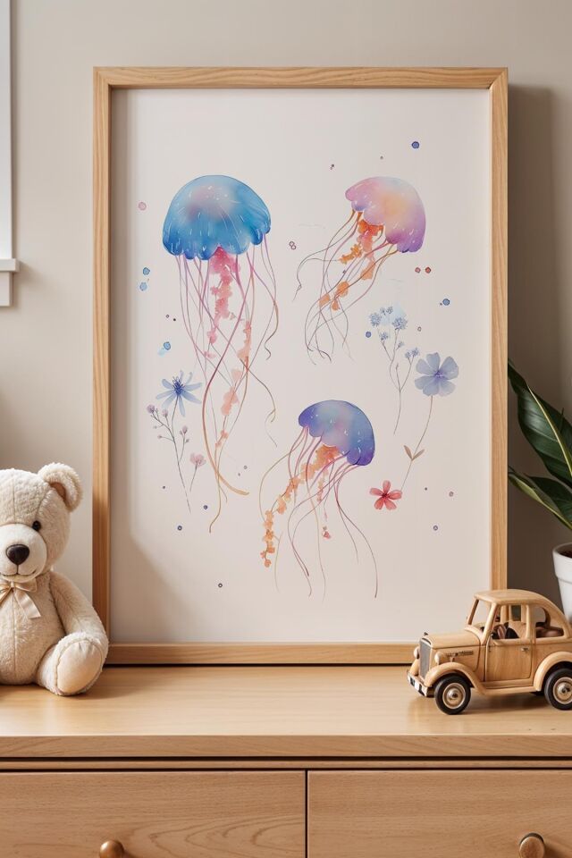 DOĞAL AHŞAP - Renkli Denizanası ve Çiçekler Çocuk Odası Ahşap Çerçeveli Duvar Tablosu