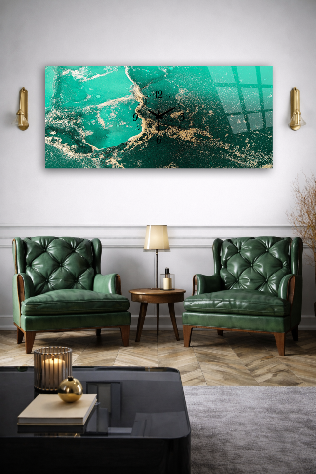 KIRILMAZ CAM DUVAR SAATİ , HEM TABLO HEM SAAT TURKUAZ SOYUT DENİZ DOKU MODERN EV OFİS HEDİYESİ