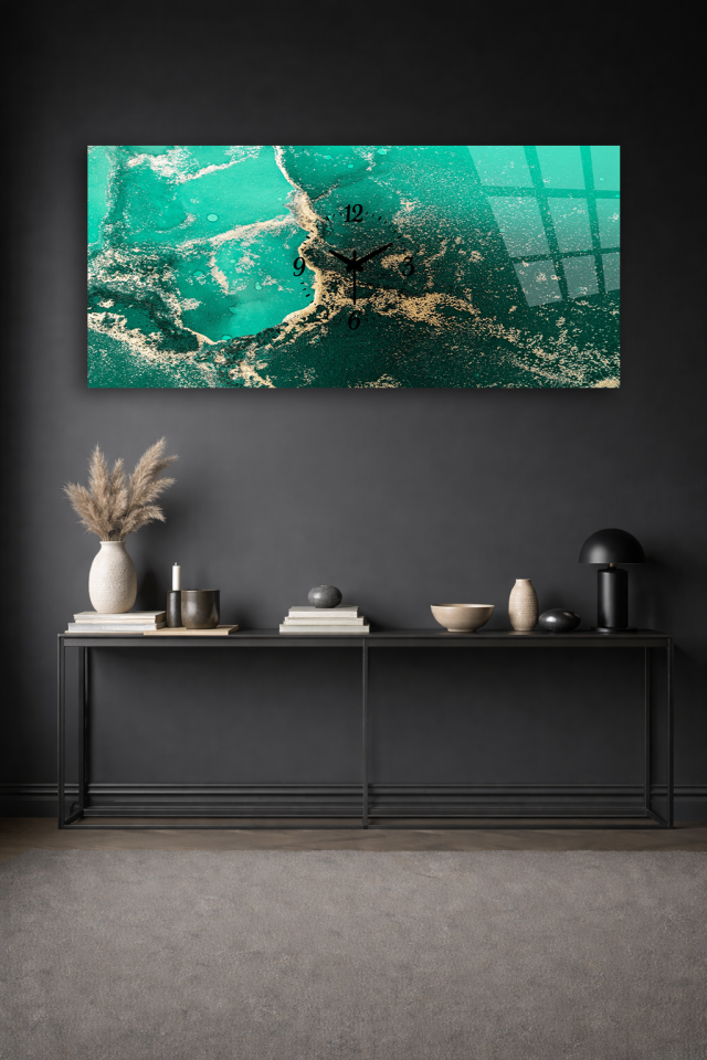 KIRILMAZ CAM DUVAR SAATİ , HEM TABLO HEM SAAT TURKUAZ SOYUT DENİZ DOKU MODERN EV OFİS HEDİYESİ