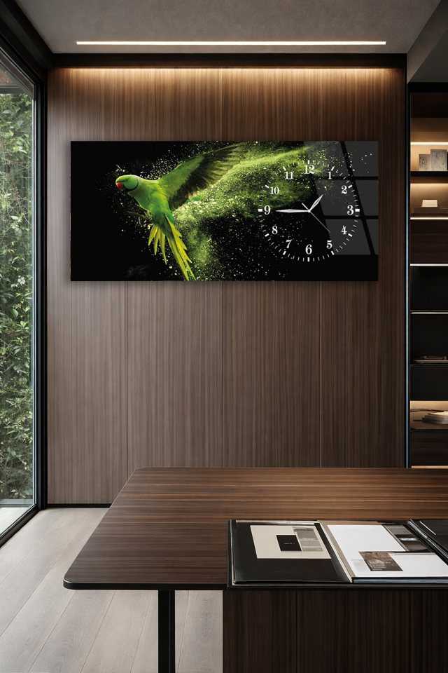 KIRILMAZ CAM DUVAR SAATİ , HEM TABLO HEM SAAT YEŞİL PAPAĞAN SANATSAL TASARIM EV OFİS HEDİYESİ