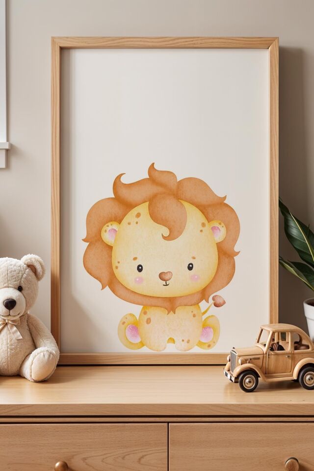 DOĞAL AHŞAP - Sevimli Aslan Çocuk Odası Ahşap Çerçeveli Duvar Tablosu