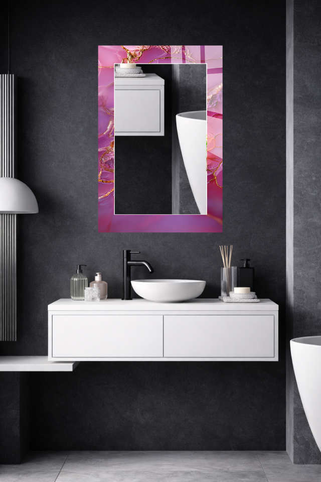 HEM TABLO HEM AYNA FUŞYA PEMBE MERMER ALTIN DAMAR CAM DUVAR AYNASI EV DEKORU