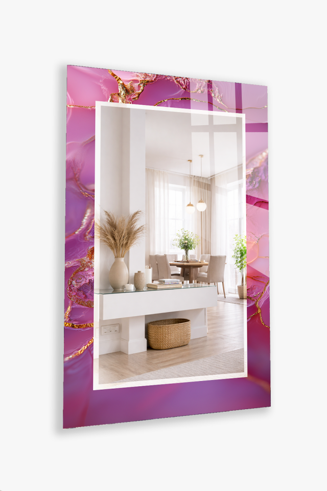 HEM TABLO HEM AYNA FUŞYA PEMBE MERMER ALTIN DAMAR CAM DUVAR AYNASI EV DEKORU