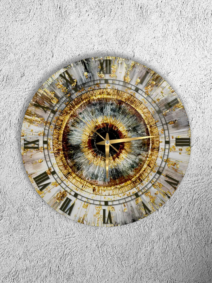 KIRILMAZ CAM DUVAR SAATİ, HEM TABLO HEM SAAT ALTIN IŞINLI SOYUT GÖZ DESEN MODERN TASARIM EV OFİS HEDİYESİ