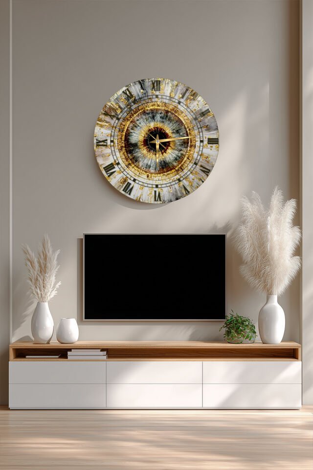 KIRILMAZ CAM DUVAR SAATİ, HEM TABLO HEM SAAT ALTIN IŞINLI SOYUT GÖZ DESEN MODERN TASARIM EV OFİS HEDİYESİ