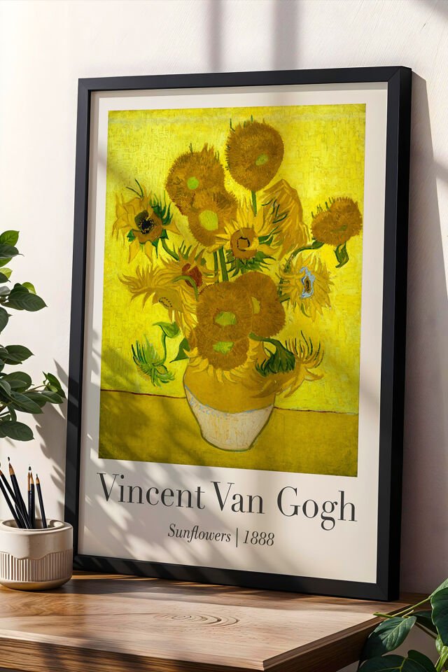 SİYAH - Vincent Van Gogh Ayçiçekleri 1888 Vintage Doğal Ahşap Çerçeveli Duvar Tablosu
