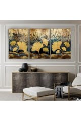 3 PARÇA GOLD ALTIN YAPRAKLAR SET TABLO KIRILMAZ CAM TABLO EV HEDİYESİ İŞ YERİ HEDİYESİ