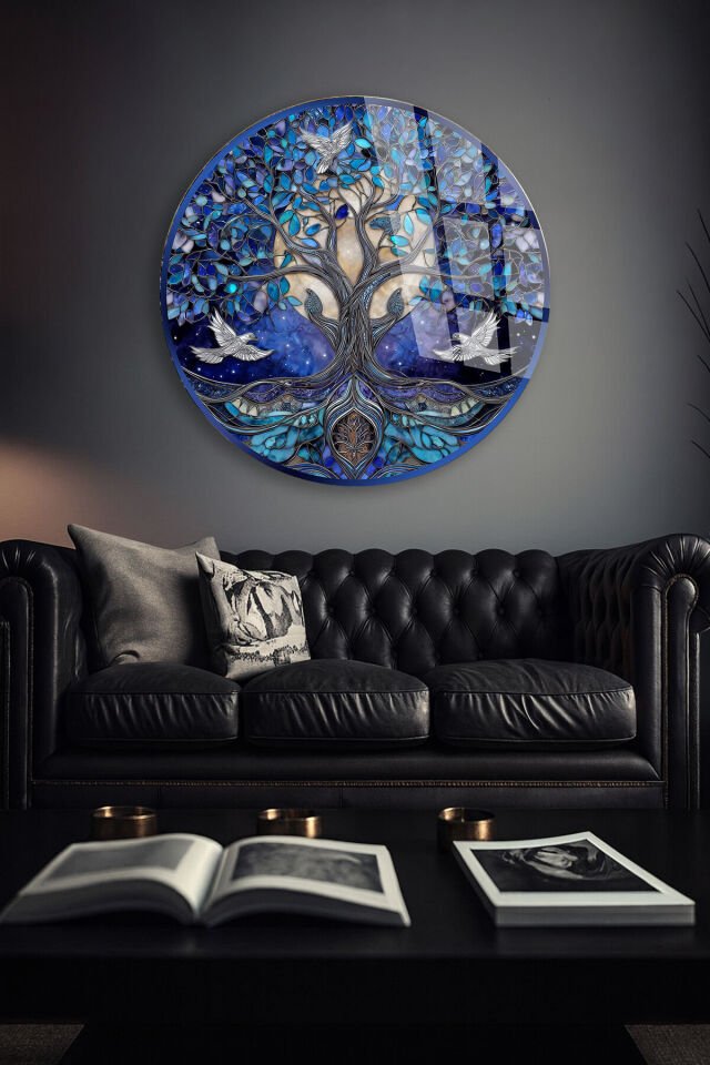 KIRILMAZ CAM TABLO – MAVİ HAYAT AĞACI VE BEYAZ KUŞLAR MOZAİK SANAT TASARIMI